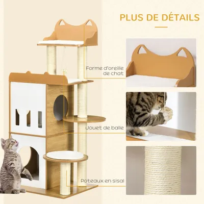 PawHut - arbre à chat multi-équipement H.133 cm - blanc hêtre clair