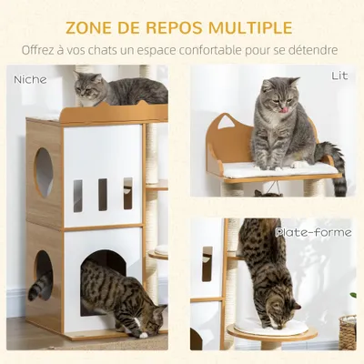 PawHut ? Arbre à chat design contemporain blanc hêtre clair