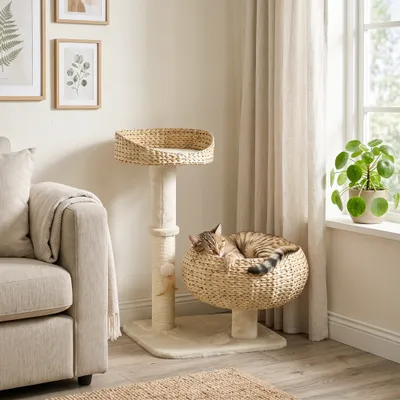 PawHut ? Arbre à chat griffoir 2 niv. H72 cm balle suspendue beige