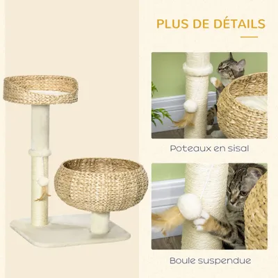PawHut ? Arbre à chat griffoir 2 niv. H72 cm balle suspendue beige