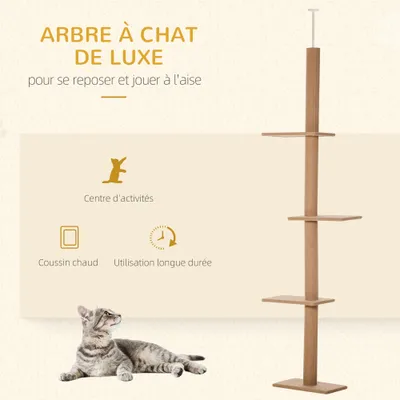 PawHut - arbre à chat poteau 4 niveaux H.228-260 cm - marron