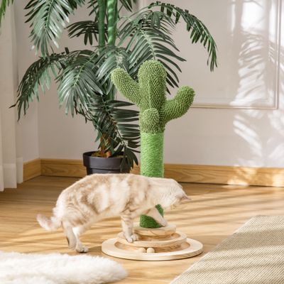 PawHut ? Griffoir chat design cactus jouets bois de pin sisal vert
