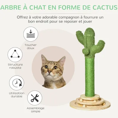 PawHut ? Griffoir chat design cactus jouets bois de pin sisal vert