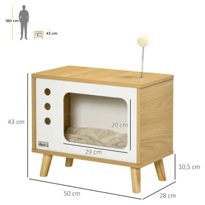 PawHut - niche pour chat design poste télévision H.43 cm - bois clair blanc
