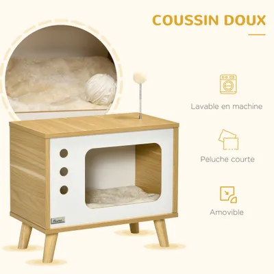 PawHut - niche pour chat design poste télévision H.43 cm - bois clair blanc