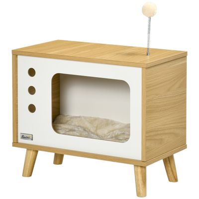 PawHut - niche pour chat design poste télévision H.43 cm - bois clair blanc