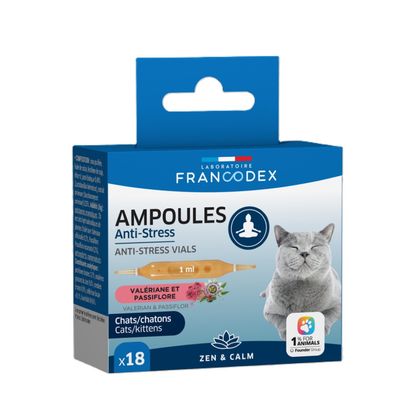 Ampoules anti-stress pour chat, valériane et passiflore, 18 ampoules de 1 m