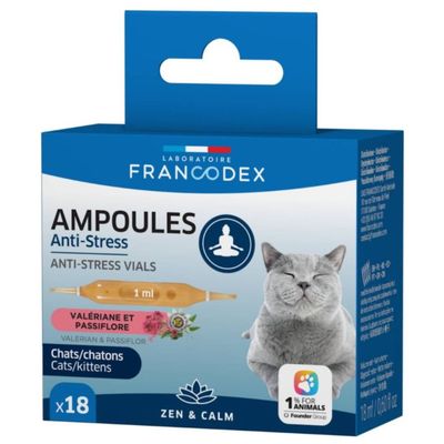 Ampoules anti-stress pour chat, valériane et passiflore, 18 ampoules de 1 m