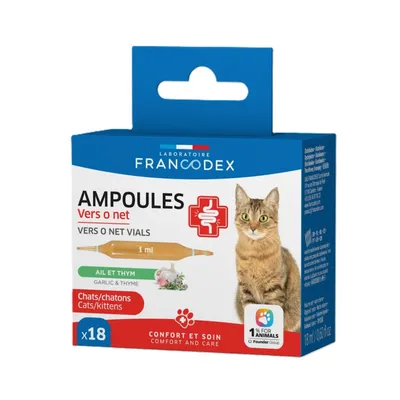 Vers O Net en ampoules pour chat, ail et thym, 18 ampoules de 1 ml - Franco