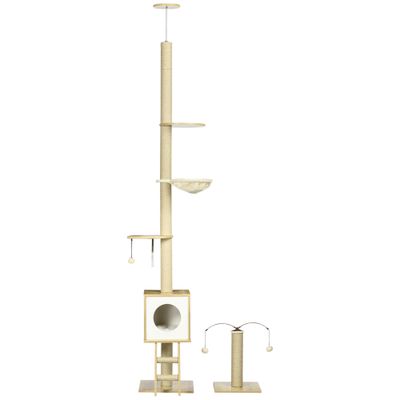 PawHut - arbre à chat 2 pcs style nordique H.225-285 cm - bois clair jute