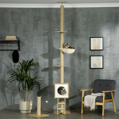 PawHut - arbre à chat 2 pcs style nordique H.225-285 cm - bois clair jute