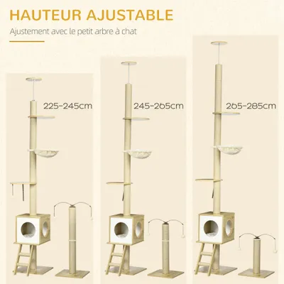 PawHut - arbre à chat 2 pcs style nordique H.225-285 cm - bois clair jute