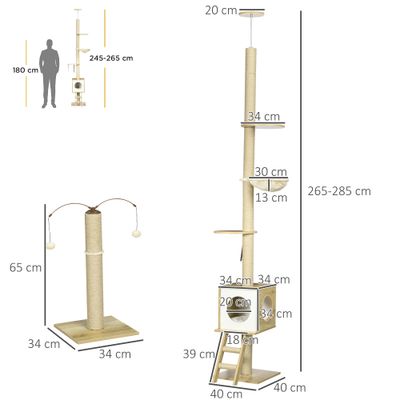 PawHut - arbre à chat 2 pcs style nordique H.225-285 cm - bois clair jute