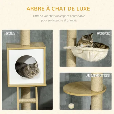 PawHut - arbre à chat 2 pcs style nordique H.225-285 cm - bois clair jute