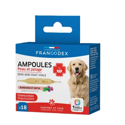 Ampoules peau et pelage pour chien, bardane et ortie, 18 ampoules de 1 ml -