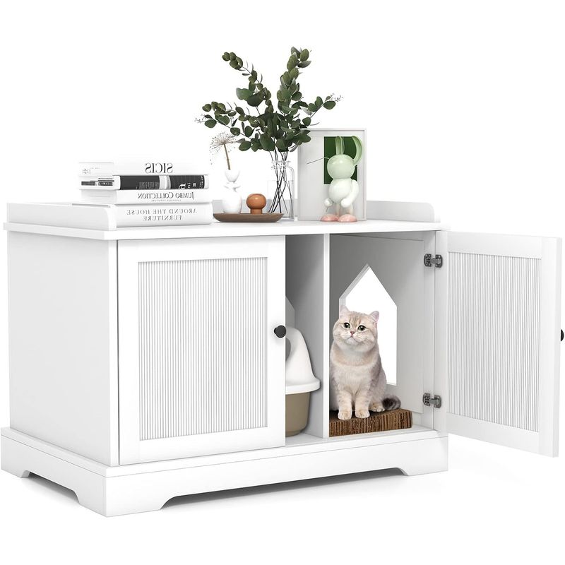 GIANTEX Katzenschrank,Versteckte Katzentoilette mit Trennwand & Doppeltüren