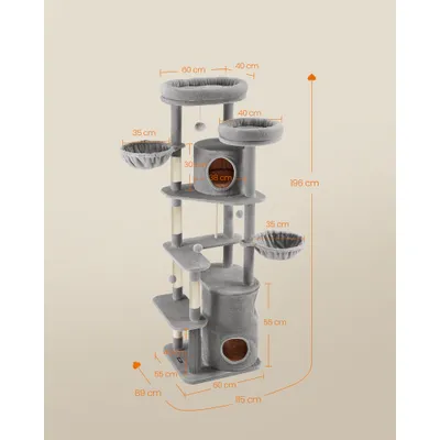 Feandrea Arbre à Chat 196 cm, Forme de Tour, 2 Plateformes et 3 Niches