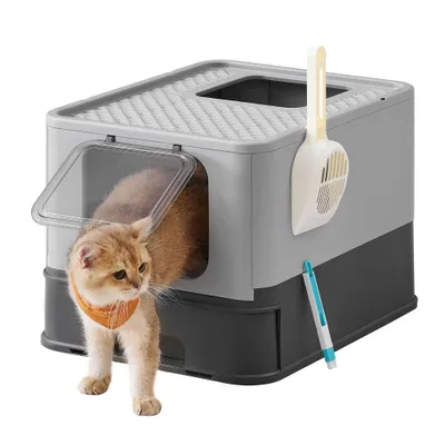 Feandrea Bac à Litière Fermé pour Chat, Pelle, Brosse, pour Grand Chat