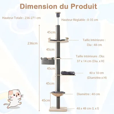 GIANTEX Arbre à Chat du Sol au Plafond, Hauteur Réglable, 5 Niveaux