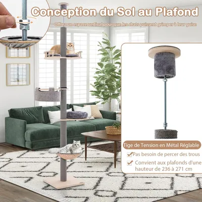 GIANTEX Arbre à Chat du Sol au Plafond, Hauteur Réglable, 5 Niveaux