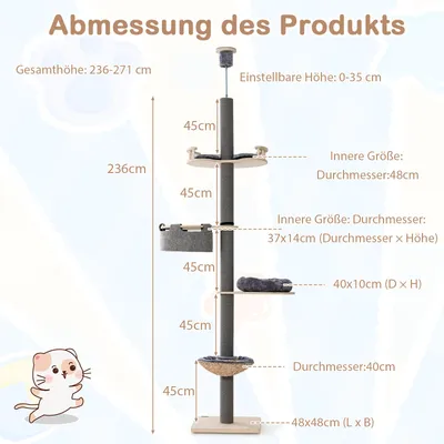 GIANTEX Kratzbaum vom Boden bis zur Decke, höhenverstellbar, 5 Ebenen GIANTEX Kratzbaum vom Boden bis zur Decke, höhenverstellbar, 5 Ebenen