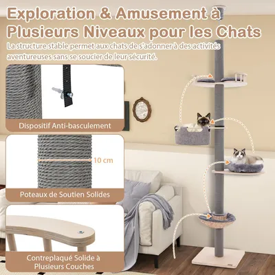 GIANTEX Arbre à Chat du Sol au Plafond, Hauteur Réglable, 5 Niveaux