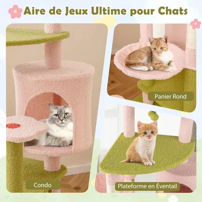 GIANTEX Arbre à Chat en Peluche 148CM, Fleurs, Poteaux à Griffer en Sisal