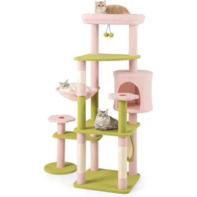 GIANTEX Arbre à Chat en Peluche 148CM, Fleurs, Poteaux à Griffer en Sisal