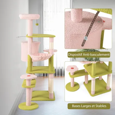 GIANTEX Arbre à Chat en Peluche 148CM, Fleurs, Poteaux à Griffer en Sisal
