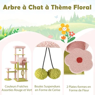 GIANTEX Arbre à Chat en Peluche 148CM, Fleurs, Poteaux à Griffer en Sisal