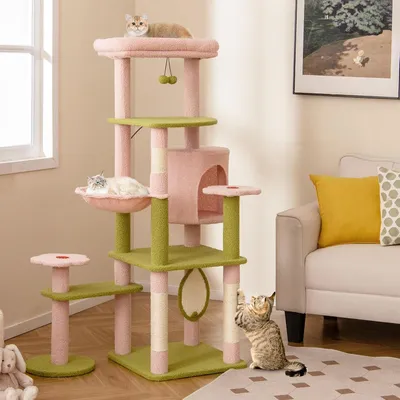 GIANTEX Arbre à Chat en Peluche 148CM, Fleurs, Poteaux à Griffer en Sisal
