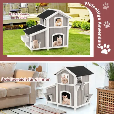 GIANTEX 2-stöckiges Katzenhaus mit Dach und 2-stufiger Plattform GIANTEX 2-stöckiges Katzenhaus mit Dach und 2-stufiger Plattform