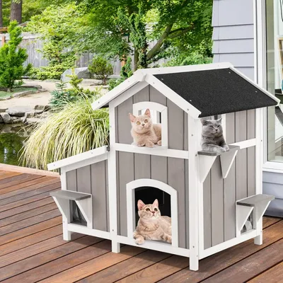 GIANTEX Maison pour Chats à 2 Étages avec Toit, Plateforme à 2 Niveaux