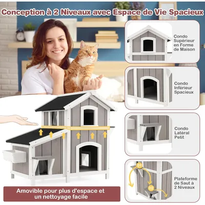 GIANTEX Maison pour Chats à 2 Étages avec Toit, Plateforme à 2 Niveaux