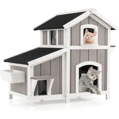 GIANTEX Maison pour Chats à 2 Étages avec Toit, Plateforme à 2 Niveaux
