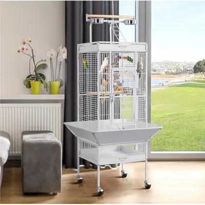 Cage à Oiseaux Sur Pied Avec Toit Perchoir Cage Pour Perruches à Roulettes