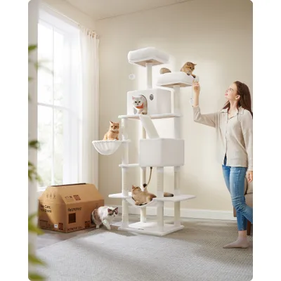 FEANDREA Arbre à Chat 203,5 cm, avec 13 Griffoirs, 2 Plate-forme, 2 Niches