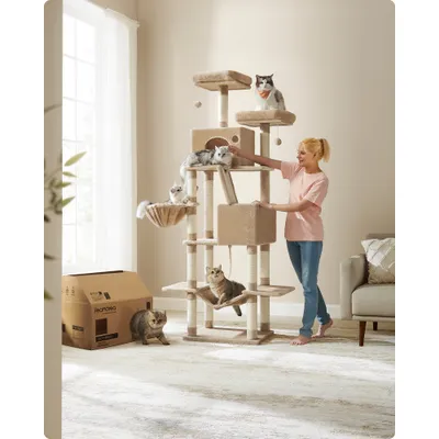 FEANDREA Arbre à Chat 203,5 cm, avec 13 Griffoirs, 2 Plate-forme, 2 Niches