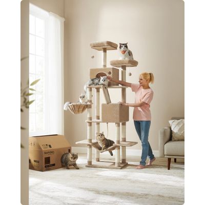 FEANDREA Arbre à Chat 206 cm, avec 13 Griffoirs, 2 Plate-forme, 2 Niches