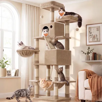 FEANDREA Arbre à Chat 203,5 cm, avec 13 Griffoirs, 2 Plate-forme, 2 Niches