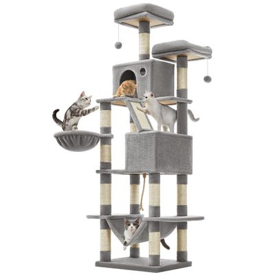 FEANDREA Arbre à Chat 206 cm, avec 13 Griffoirs, 2 Plate-forme, 2 Niches Gris Clair