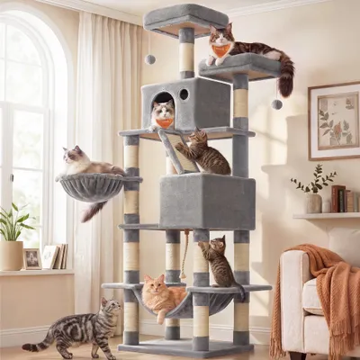 FEANDREA Arbre à Chat 203,5 cm, avec 13 Griffoirs, 2 Plate-forme, 2 Niches