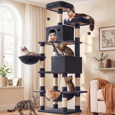 FEANDREA Arbre à Chat 203,5 cm, avec 13 Griffoirs, 2 Plate-forme, 2 Niches