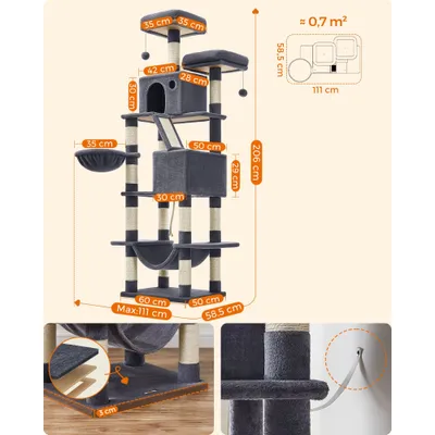 FEANDREA Arbre à Chat 206 cm, avec 13 Griffoirs, 2 Plate-forme, 2 Niches