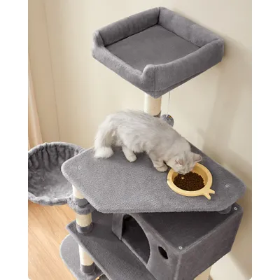 FEANDREA Arbre à Chat Hauteur de 164 cm Multi-Niveaux avec Bol FEANDREA Arbre à Chat Hauteur de 164 cm Multi-Niveaux avec Bol