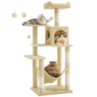 Feandrea Arbre à Chat Hauteur 143 cm, 4 Poteaux à Griffer, 2 Plateformes 55 x 45 x 143 cm (L x l x H), Beige