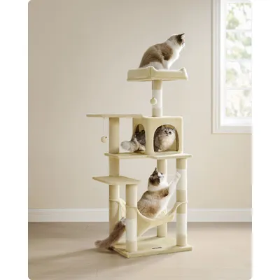 Feandrea Arbre à Chat Hauteur 143 cm, 4 Poteaux à Griffer, 2 Plateformes