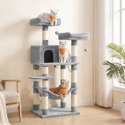 Arbre à Chat Hauteur 141,8 cm, en Tissu Peluche, Plusieurs Niveaux