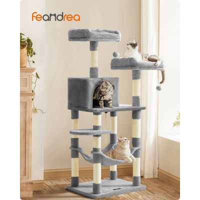 Arbre à Chat Hauteur 143 cm, en Tissu Peluche, Plusieurs Niveaux
