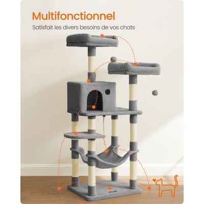 Arbre à Chat Hauteur 143 cm, en Tissu Peluche, Plusieurs Niveaux